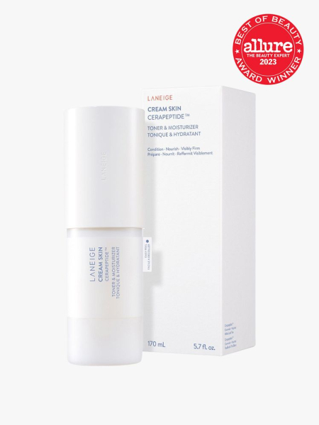 Laneige Cream Skin Toner & Moisturizer white bottle and box on light grey background with red badge on light grey background