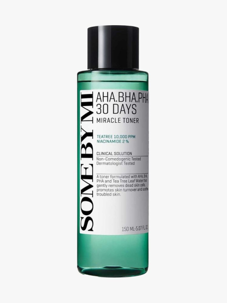 Some by Mi AHA-BHA-PHA 30 Days Miracle Toner transparent green bottle of toner with white label and black cap on light gray background