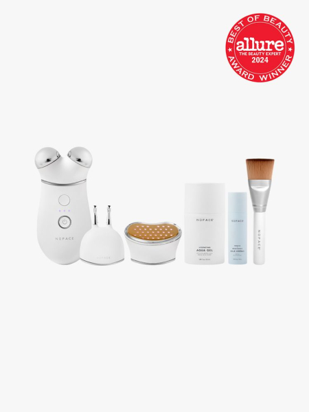 skin lifting set with device and additional products and brush applicator on light gray background with red and white 2024 allure best of beauty seal